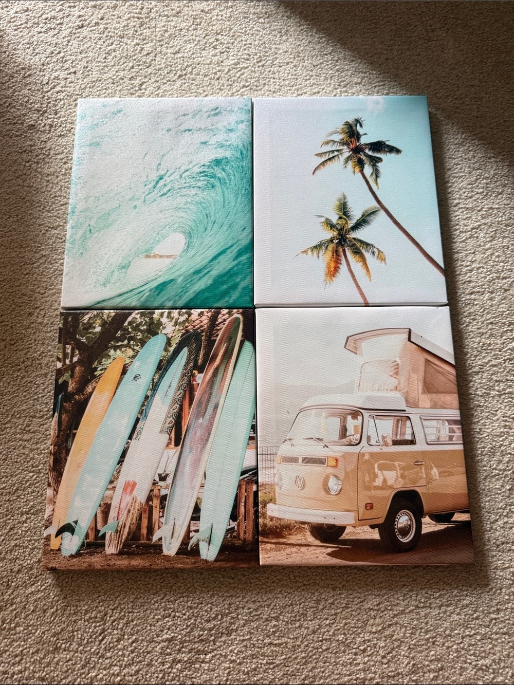 Surf & Palm Canvas Wall Art Set - Teal, Aqua, Yellow, Cream